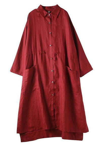 Red-flowers Linen Shirt Dress Oversize Spring Maxi Dresses
