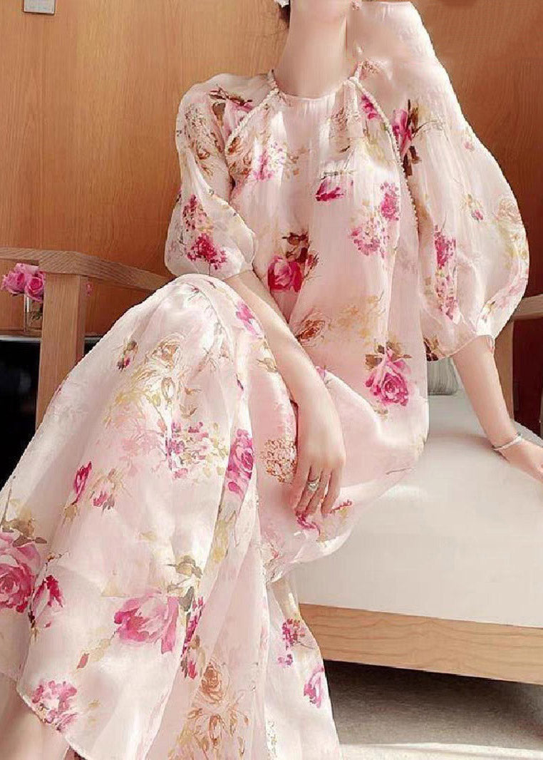 Cut Light Pink O-neck Print Chiffon Maxi Dress Half Sleeve
