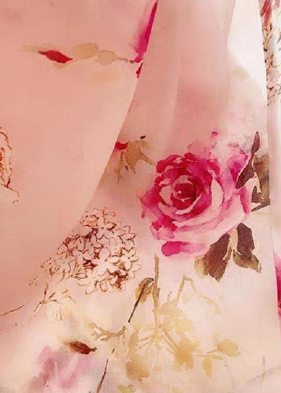 Cut Light Pink O-neck Print Chiffon Maxi Dress Half Sleeve