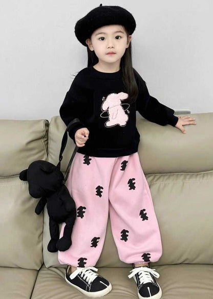 Animal Print Black Sweatshirt and Pink Beam Pants Two Pieces Set Spring