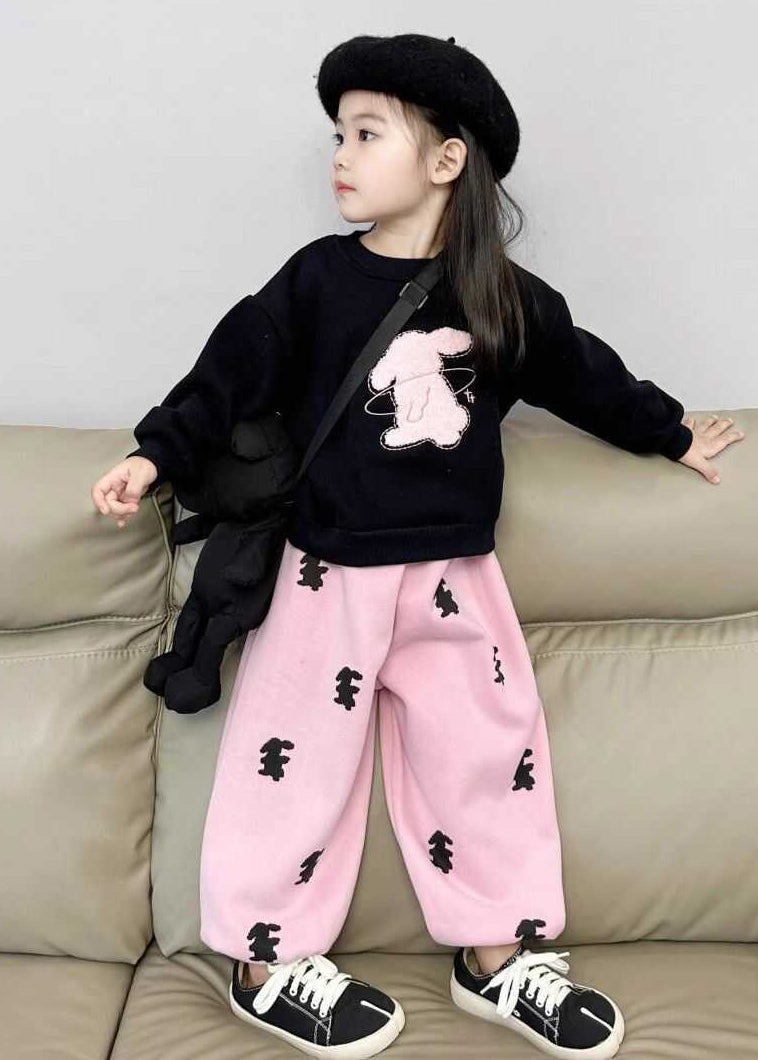 Animal Print Black Sweatshirt and Pink Beam Pants Two Pieces Set Spring
