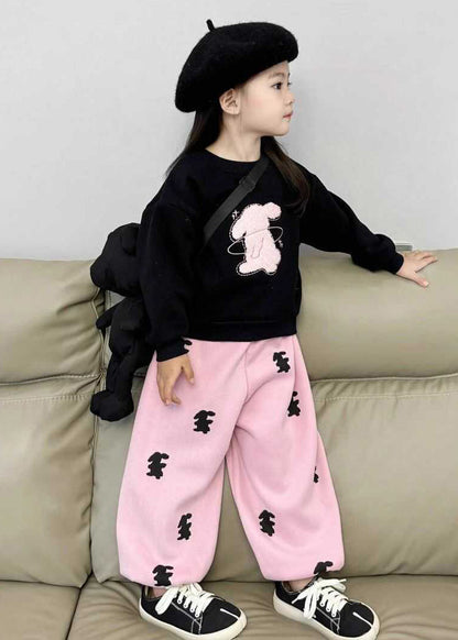 Animal Print Black Sweatshirt and Pink Beam Pants Two Pieces Set Spring