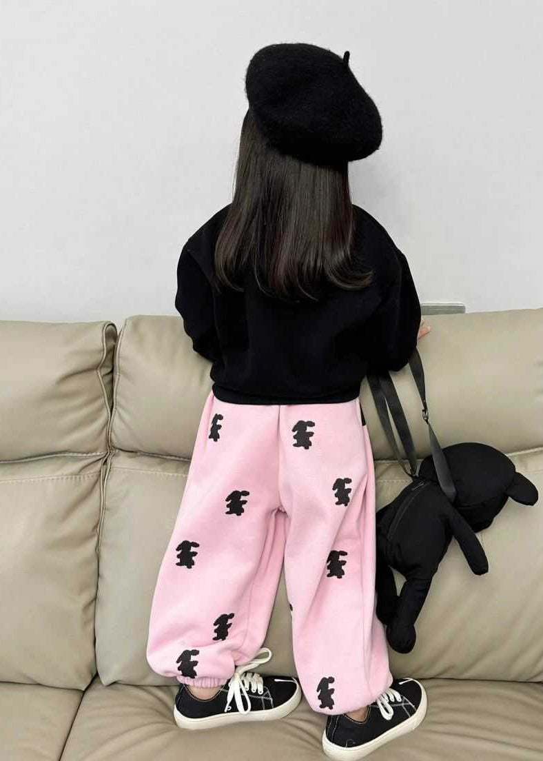 Animal Print Black Sweatshirt and Pink Beam Pants Two Pieces Set Spring