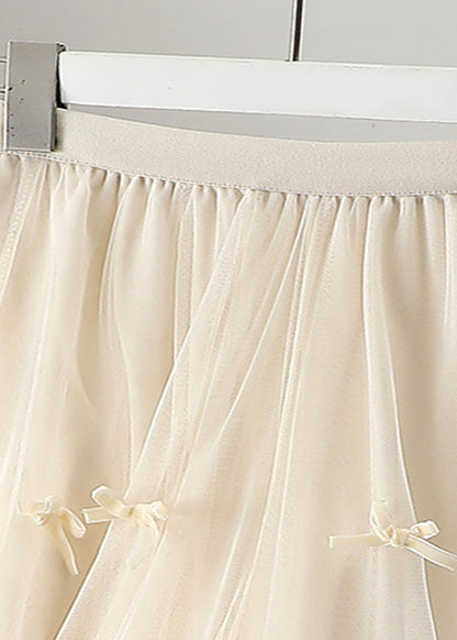 Apricot Elastic Waist Bow Tulle a Line Skirts Spring