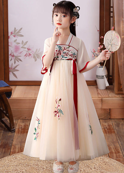 Apricot Embroideried Patchwork Tulle Kids Long Dress Short Sleeve