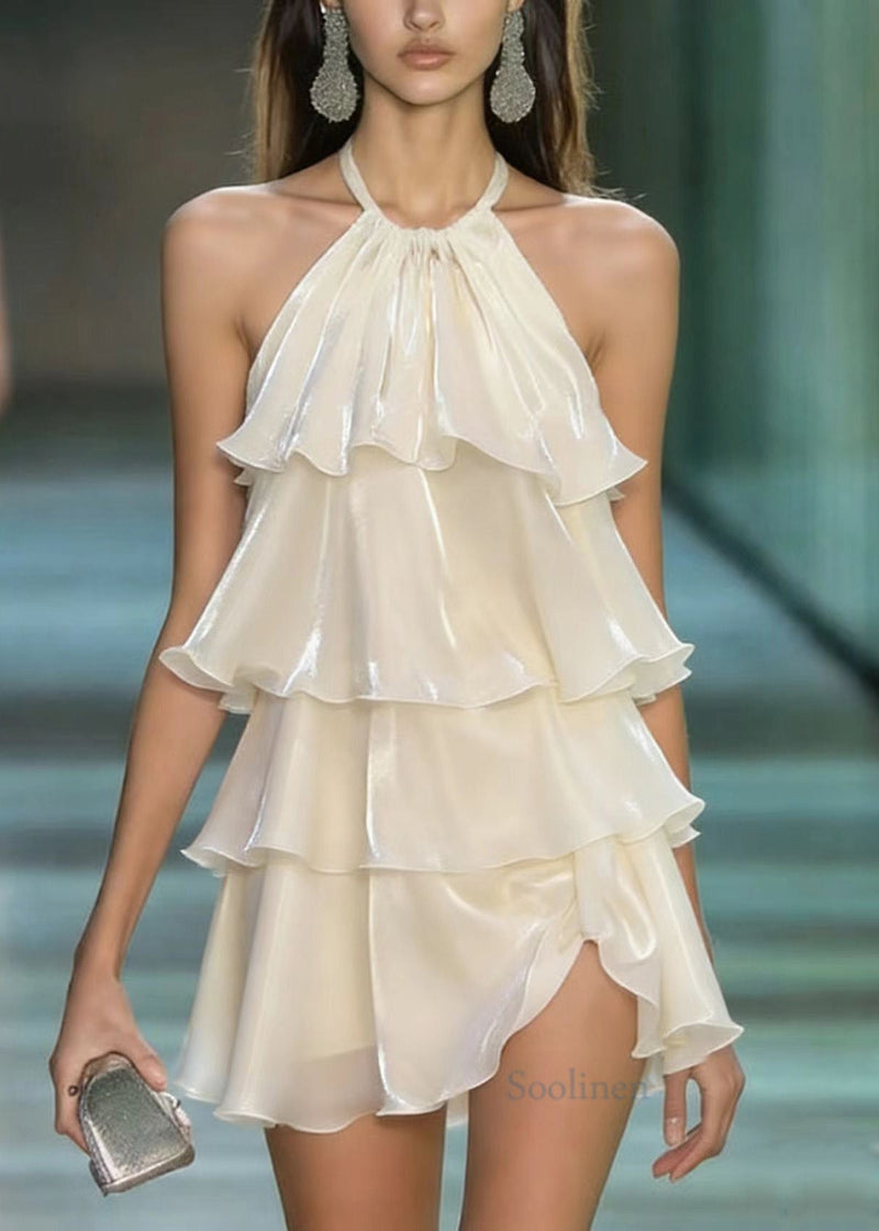 Apricot Layered Ruffled Patchwork Chiffon Mini Dresses Summer