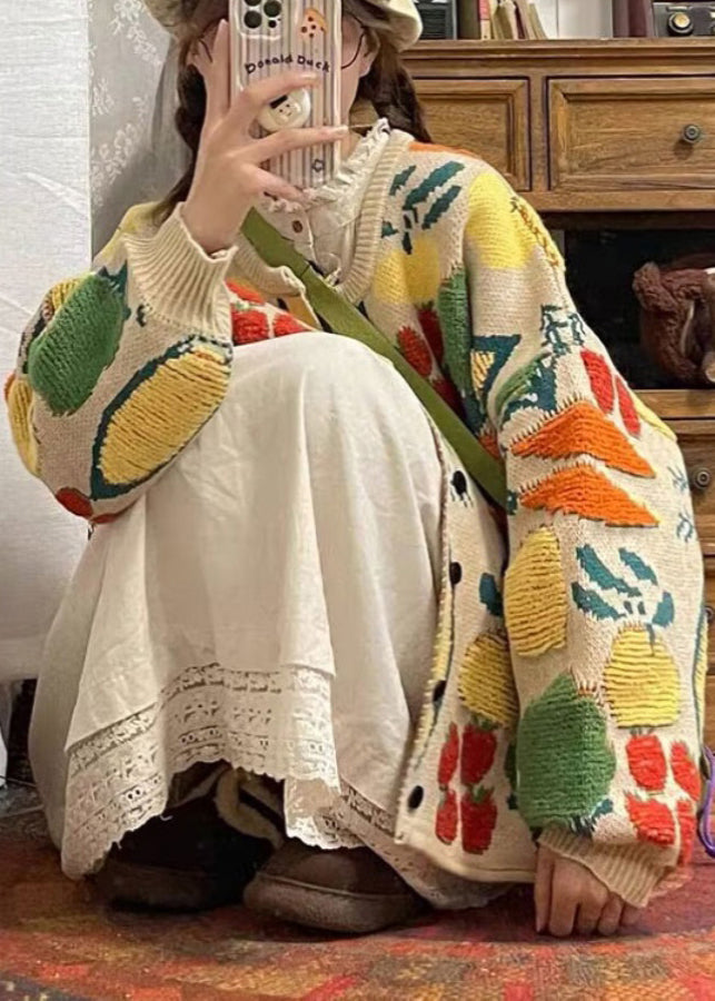 Apricot O Neck Jacquard Loose Knit Cardigan Spring