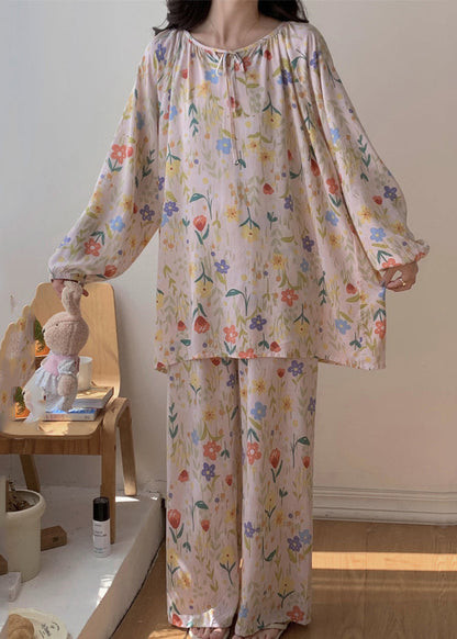 Apricot O-neck Print Silk Velvet Top and Pants Two Pieces Set Long Sleeve