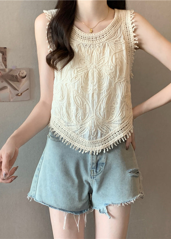 Apricot O-neck Tassel Lace Vest Sleeveless