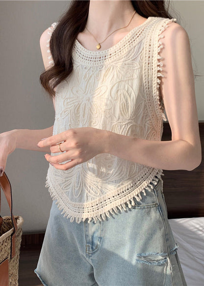 Apricot O-neck Tassel Lace Vest Sleeveless