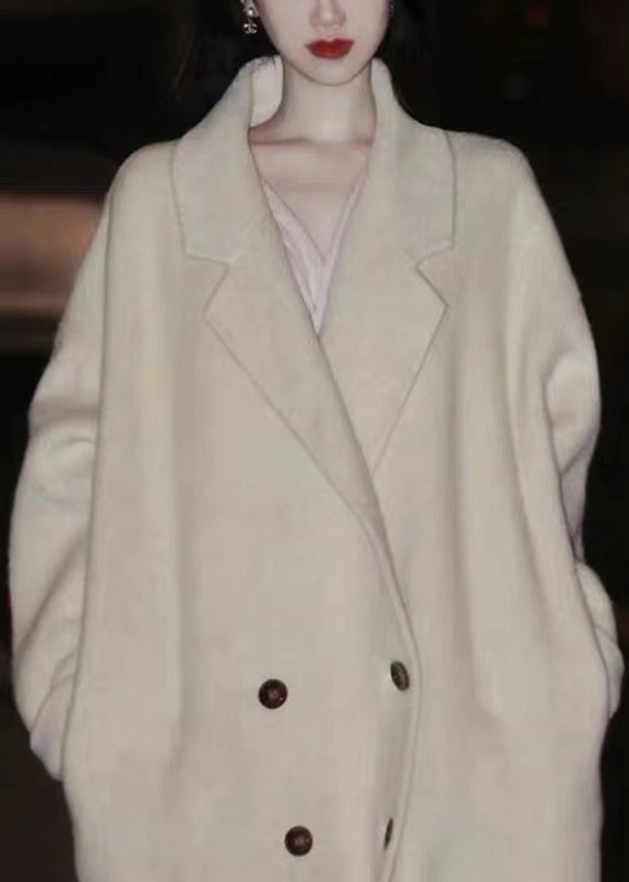 Apricot Peter Pan Collar Button Pockets Woolen Coats Long Sleeve