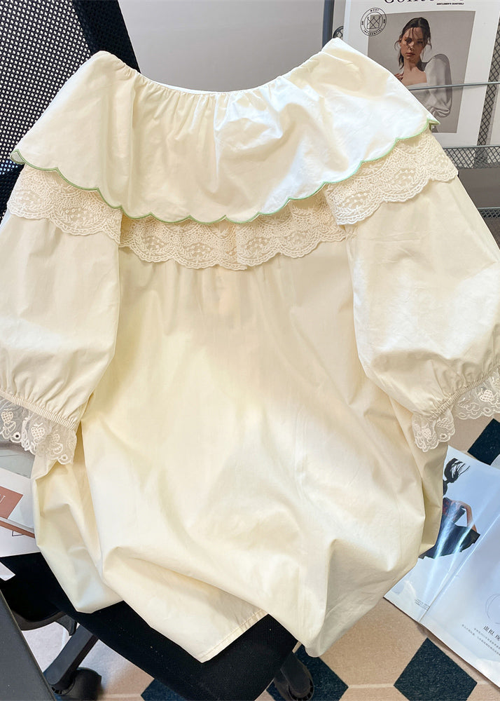 Apricot Peter Pan Collar Embroidered Patchwork Cotton Shirts Summer