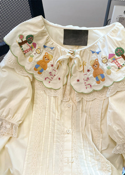 Apricot Peter Pan Collar Embroidered Patchwork Cotton Shirts Summer