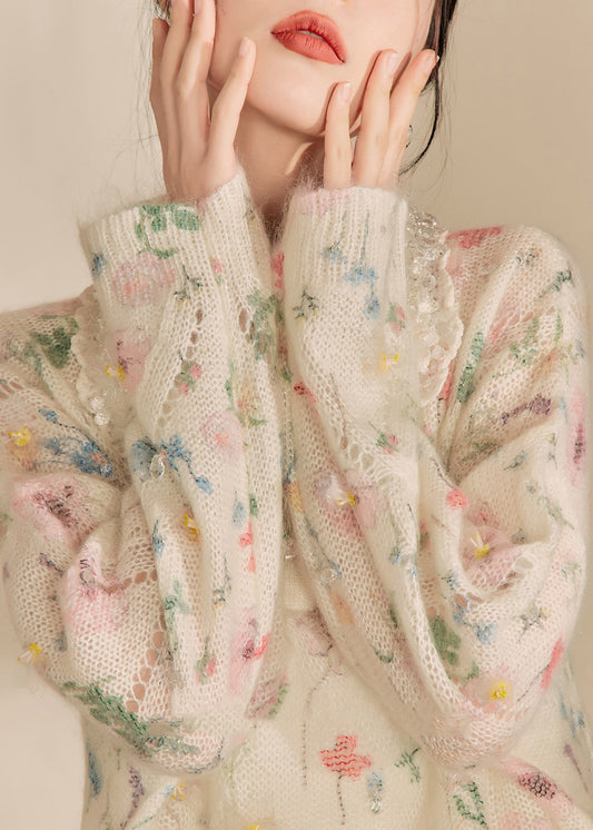 Apricot Peter Pan Collar Print Hollow Out Sequins Cotton Knit Sweaters Spring