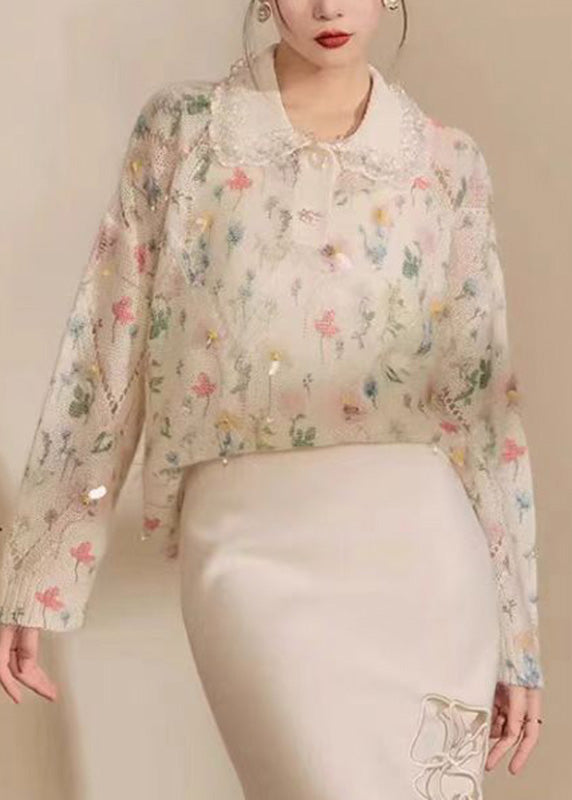 Apricot Peter Pan Collar Print Hollow Out Sequins Cotton Knit Sweaters Spring