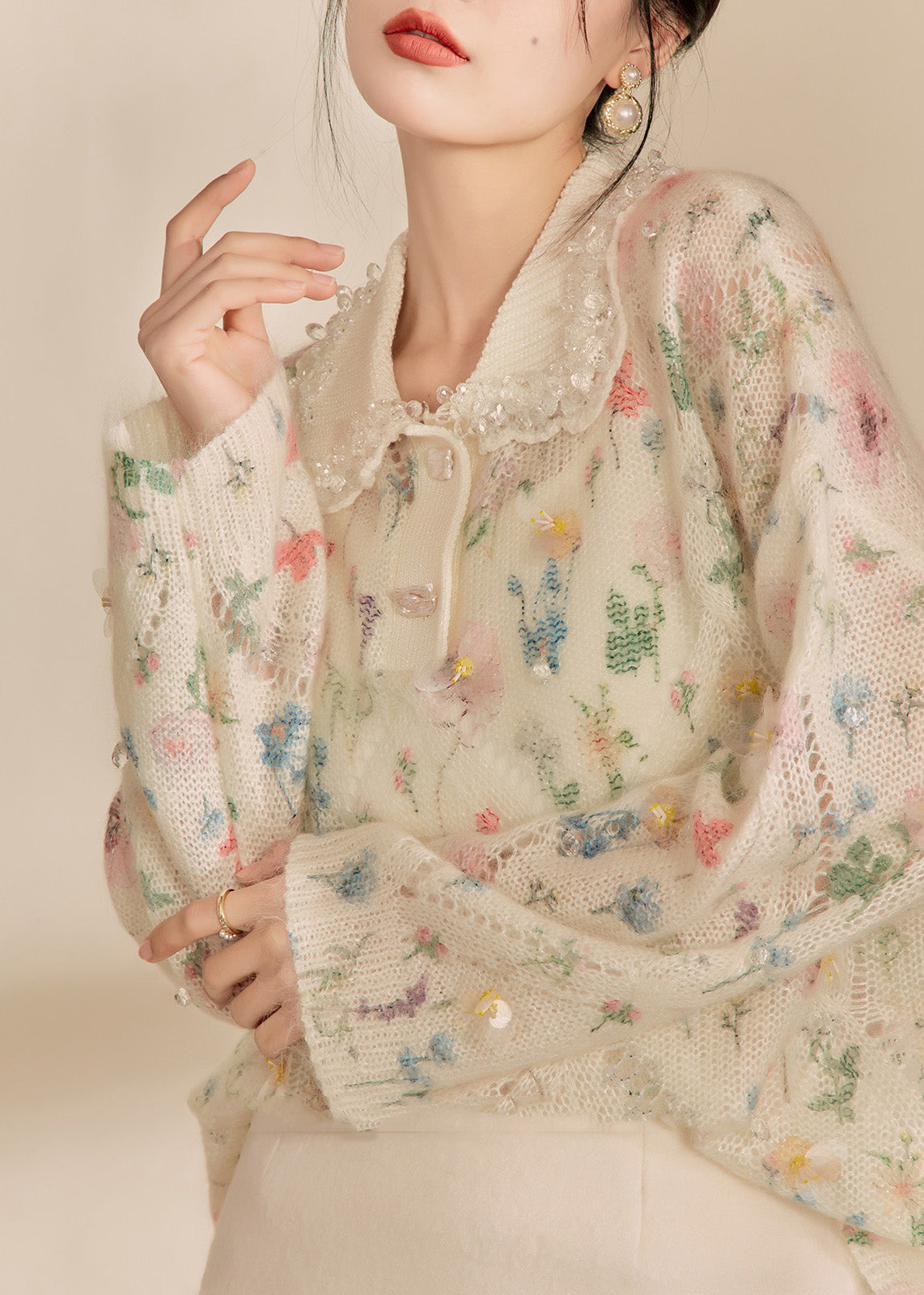 Apricot Peter Pan Collar Print Hollow Out Sequins Cotton Knit Sweaters Spring