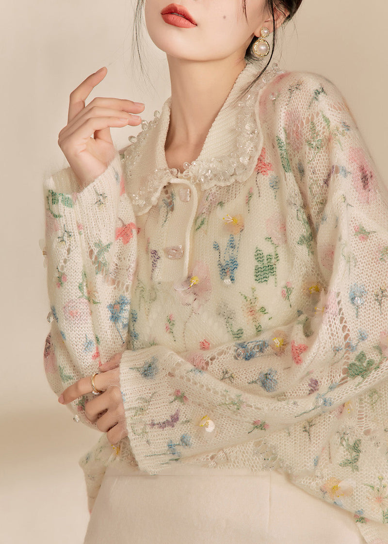 Apricot Peter Pan Collar Print Hollow Out Sequins Cotton Knit Sweaters Spring