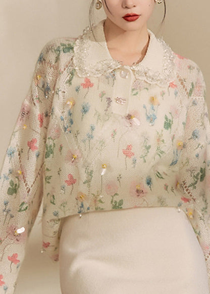 Apricot Peter Pan Collar Print Hollow Out Sequins Cotton Knit Sweaters Spring