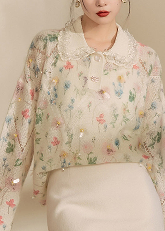Apricot Peter Pan Collar Print Hollow Out Sequins Cotton Knit Sweaters Spring