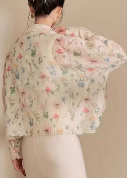 Apricot Peter Pan Collar Print Hollow Out Sequins Cotton Knit Sweaters Spring
