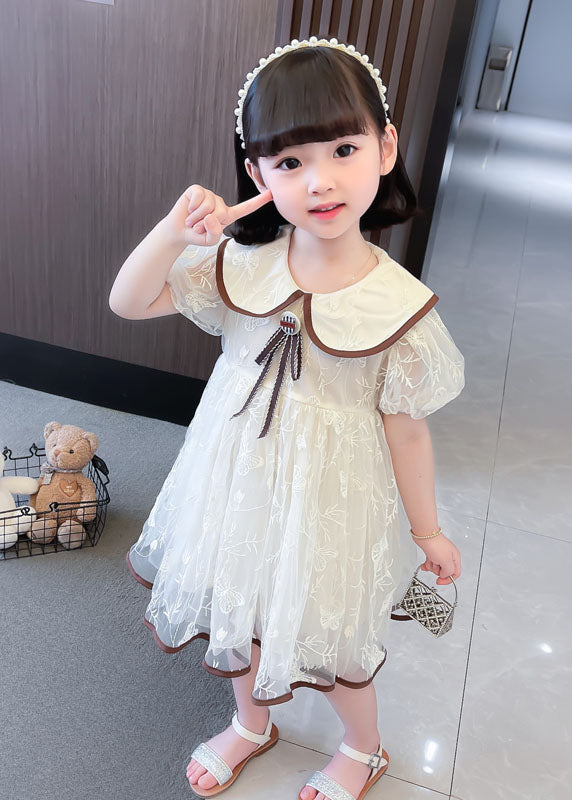 Apricot Peter Pan Collar Wrinkled Patchwork Tulle Baby Dresses Summer
