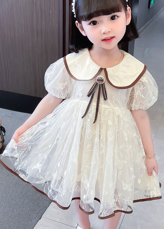 Apricot Peter Pan Collar Wrinkled Patchwork Tulle Baby Dresses Summer