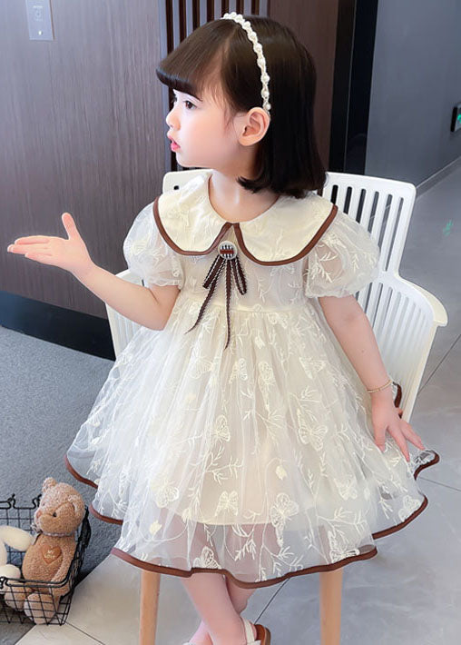 Apricot Peter Pan Collar Wrinkled Patchwork Tulle Baby Dresses Summer