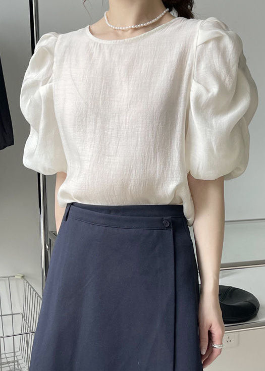 Apricot Puff Sleeve O-neck Wrinkled Color Silk Tops Fall