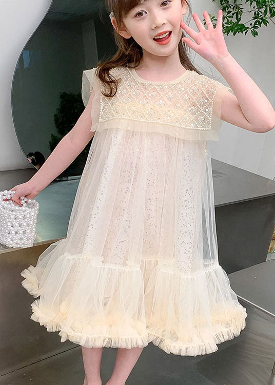 Apricot Ruffled Sequins Patchwork Tulle Baby Dresses Summer