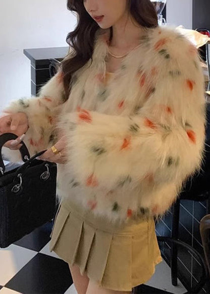 Apricot V Neck Raccoon Hair Print Leather and Fur Coats Spring