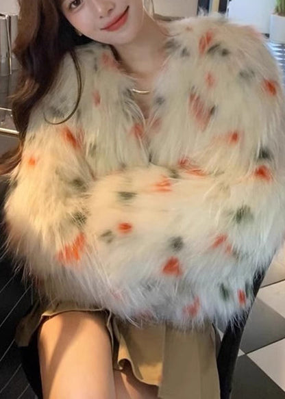 Apricot V Neck Raccoon Hair Print Leather and Fur Coats Spring