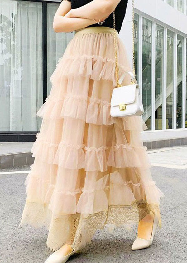 Apricot Wrinkled Lace Patchwork Tulle Skirts Spring