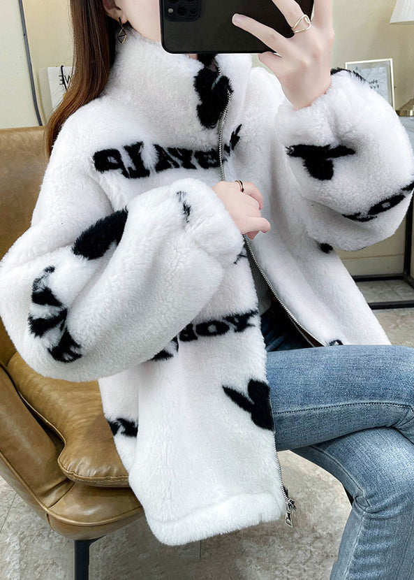 Baby Blue Stand Collar Print Zippered Faux Fur Coat Winter