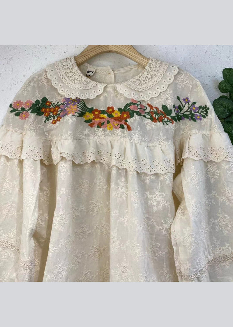 Beige Embroideried Ruffled Patchwork Cotton Shirt Long Sleeve
