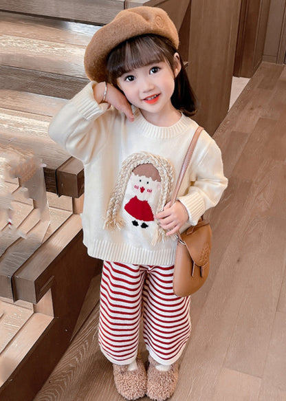 Beige O-neck Cotton Knit Sweaters and Crop Pants Two Pieces Set Spring