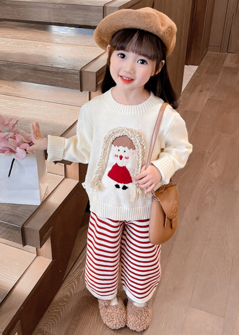 Beige O-neck Cotton Knit Sweaters and Crop Pants Two Pieces Set Spring