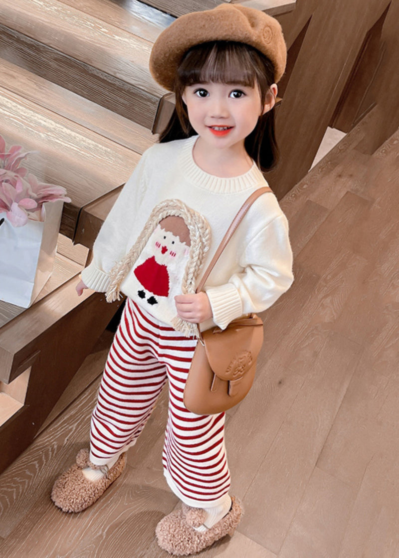 Beige O-neck Cotton Knit Sweaters and Crop Pants Two Pieces Set Spring