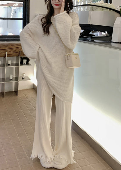 Beige O-neck Thick Cotton Knit Waistcoat Sweaters and Trousers Three Piece Set Spring