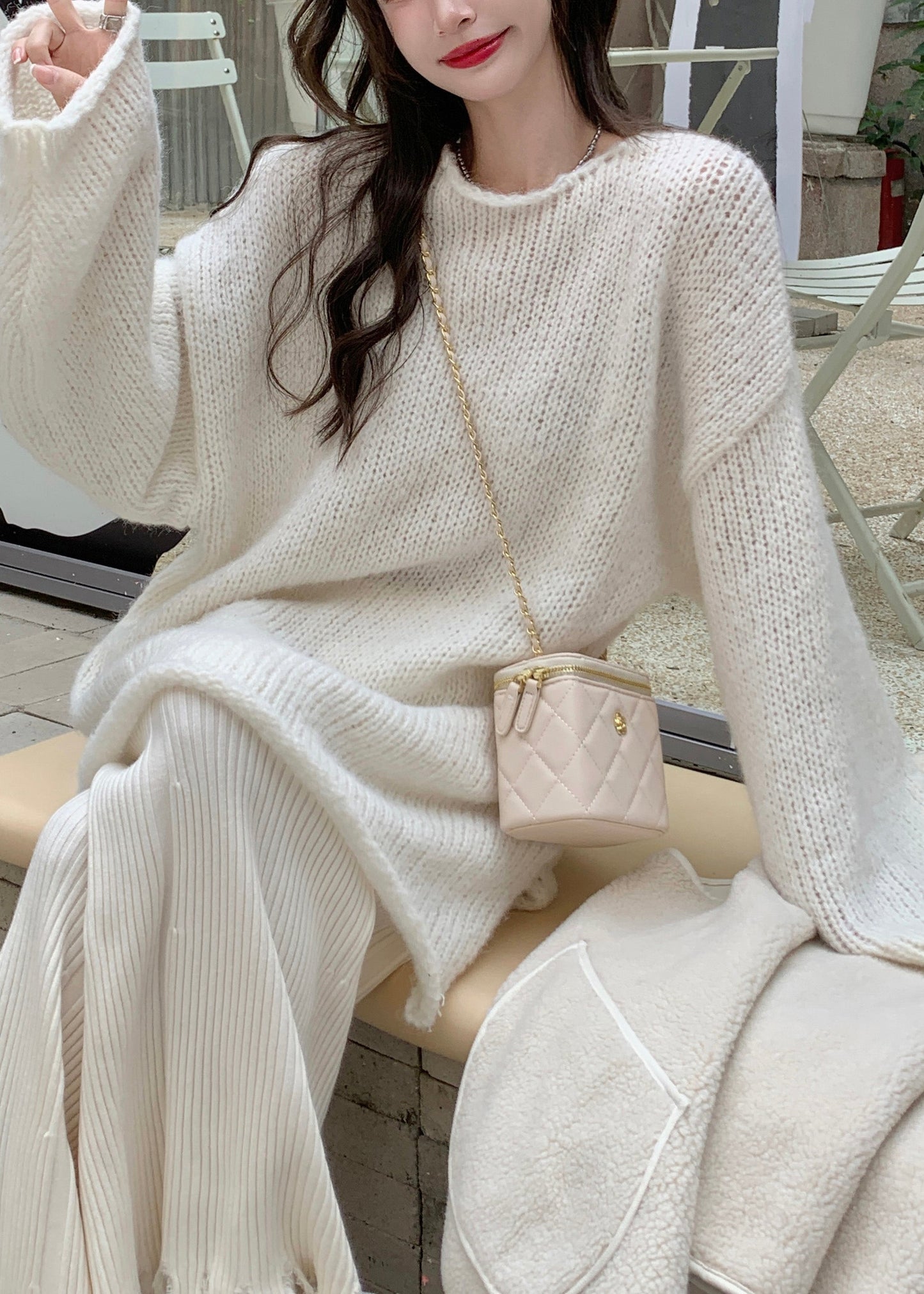 Beige O-neck Thick Cotton Knit Waistcoat Sweaters and Trousers Three Piece Set Spring