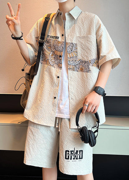 Beige Peter Pan Collar Print Shirt and Shorts Two Piece Set Short Sleeve