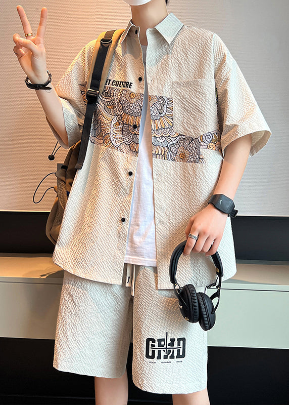 Beige Peter Pan Collar Print Shirt and Shorts Two Piece Set Short Sleeve