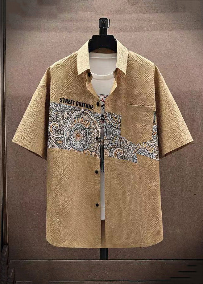 Beige Peter Pan Collar Print Shirt and Shorts Two Piece Set Short Sleeve