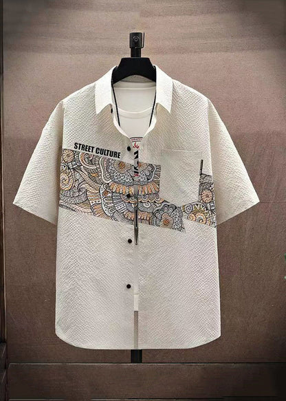 Beige Peter Pan Collar Print Shirt and Shorts Two Piece Set Short Sleeve