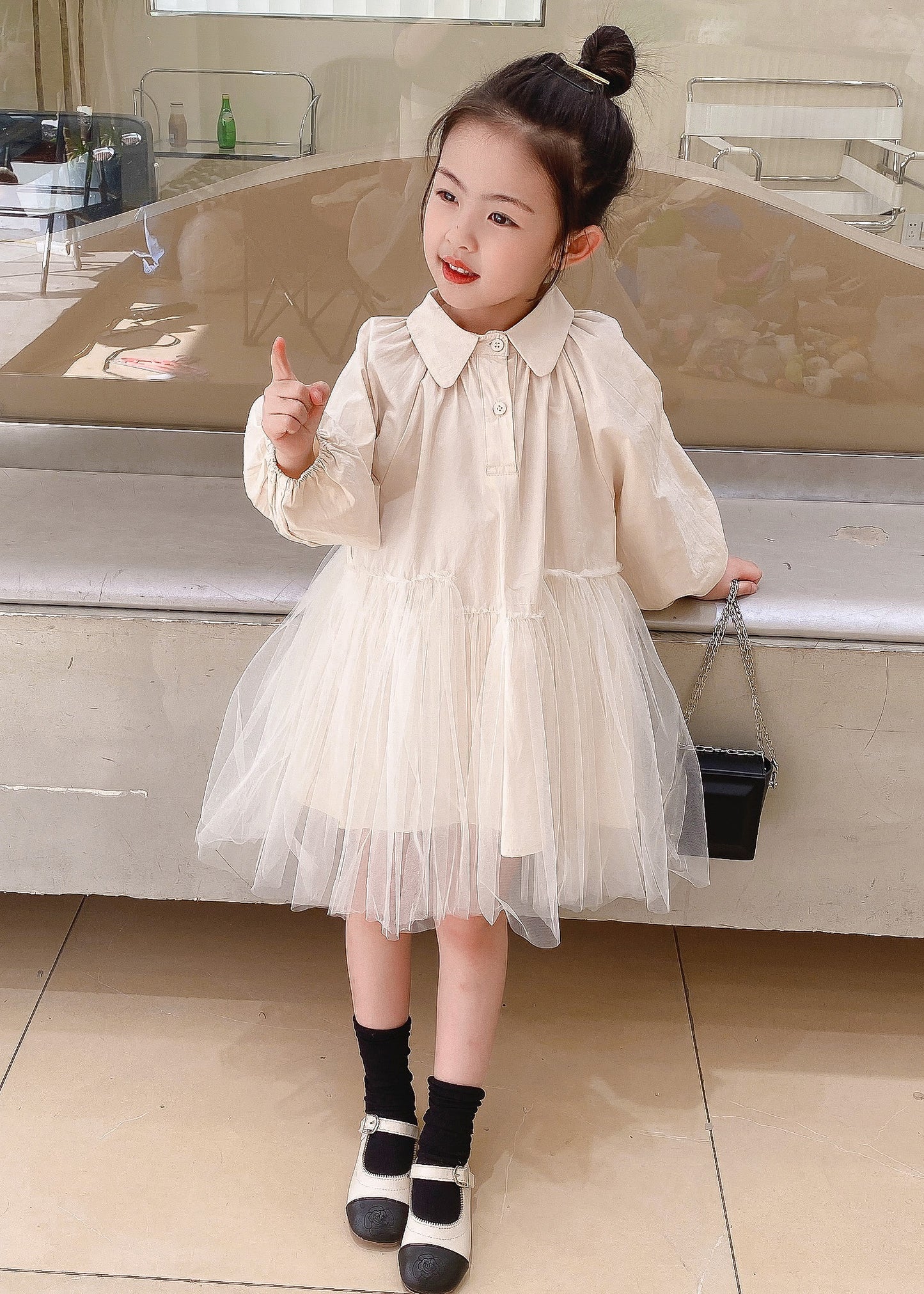 Beige Peter Pan Collar Tulle Patchwork Cotton Dresses Fall