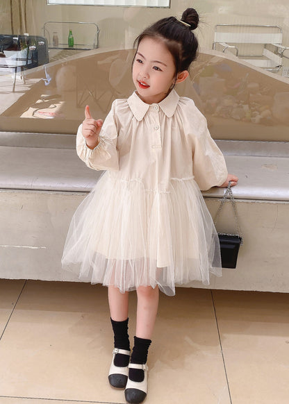 Beige Peter Pan Collar Tulle Patchwork Cotton Dresses Fall