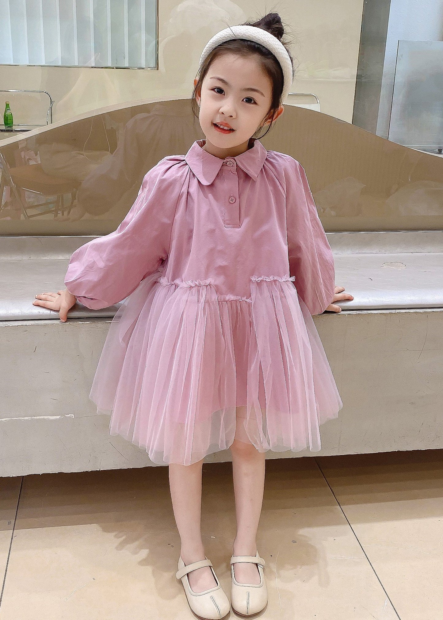 Beige Peter Pan Collar Tulle Patchwork Cotton Dresses Fall