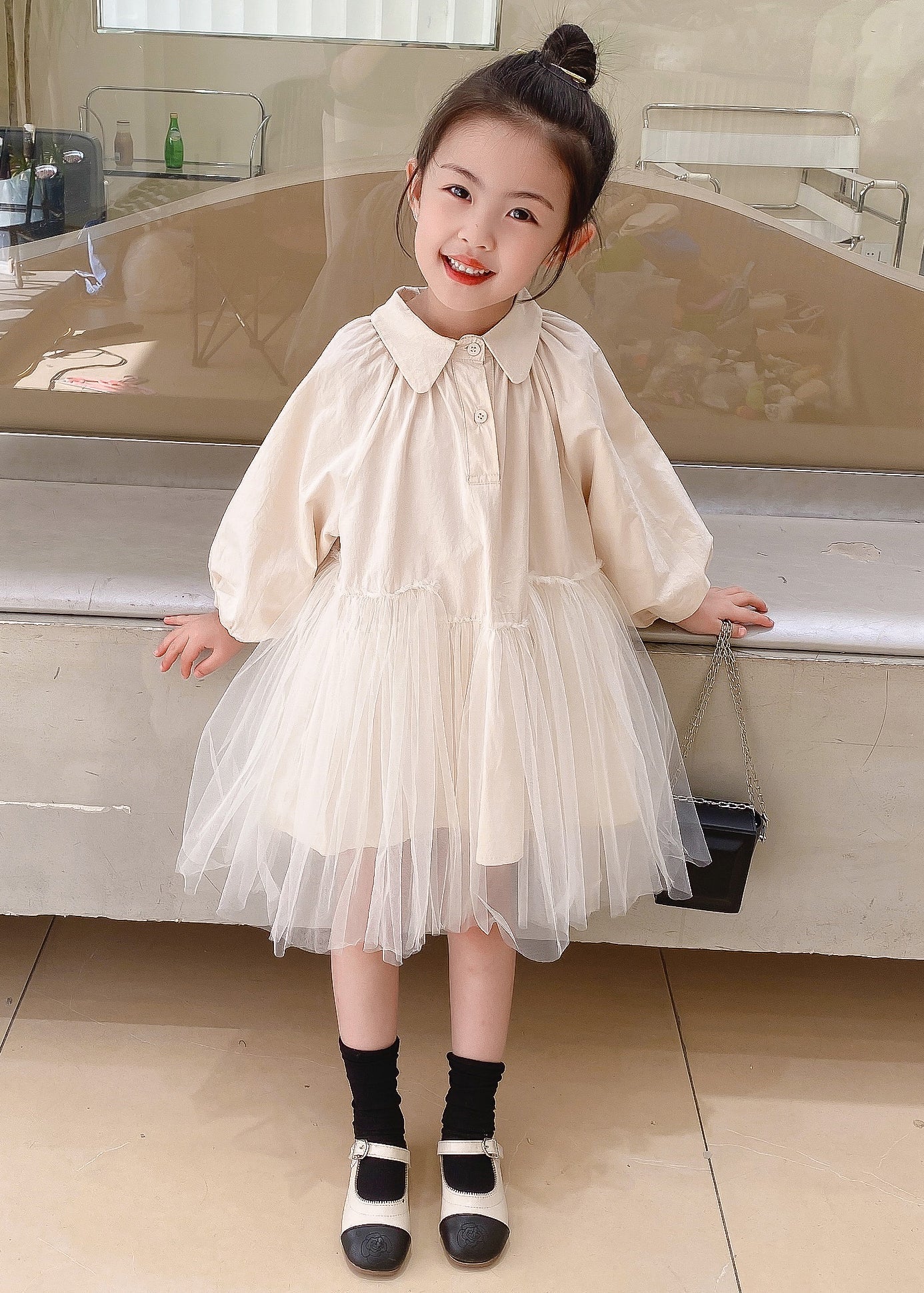 Beige Peter Pan Collar Tulle Patchwork Cotton Dresses Fall