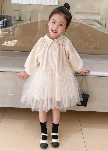 Beige Peter Pan Collar Tulle Patchwork Cotton Dresses Fall