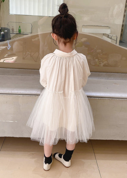 Beige Peter Pan Collar Tulle Patchwork Cotton Dresses Fall