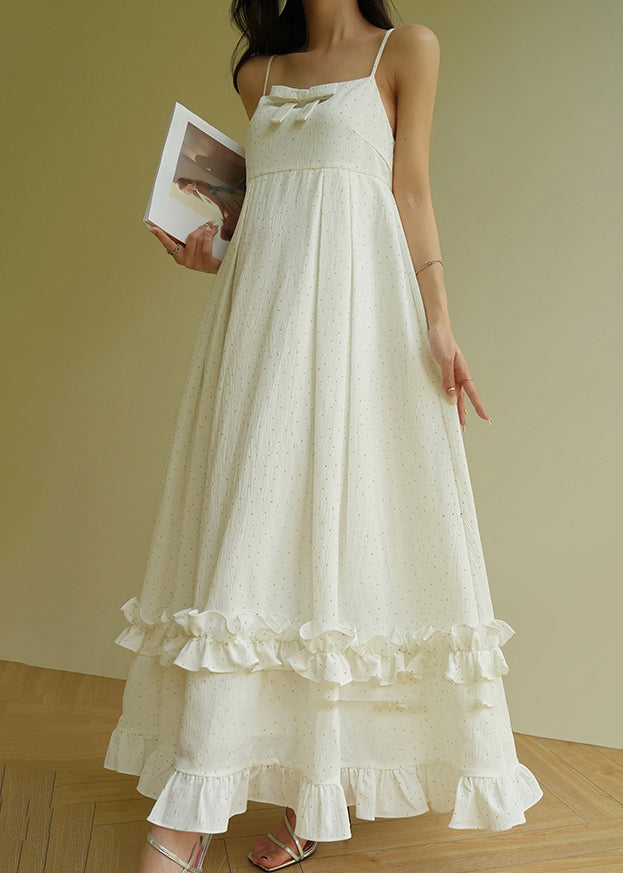 Beige Slash Neck Print Ruffled Patchwork Long Spaghetti Strap Dress Sleeveless